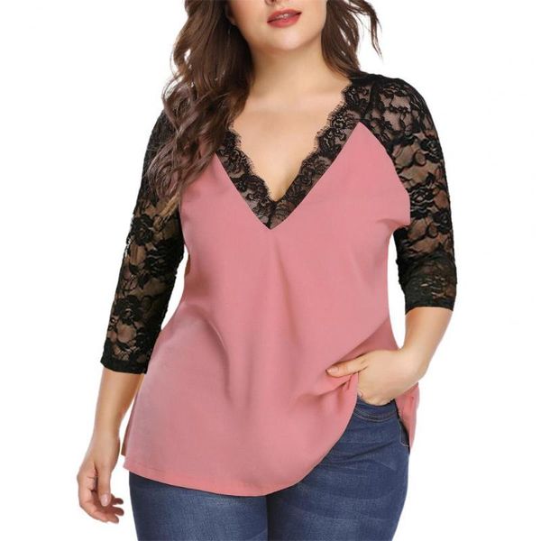 

women's blouses & shirts autumn women blouse lace patchwork v neck winter loose contrast color 3/4 sleeve shirt streetwear, White