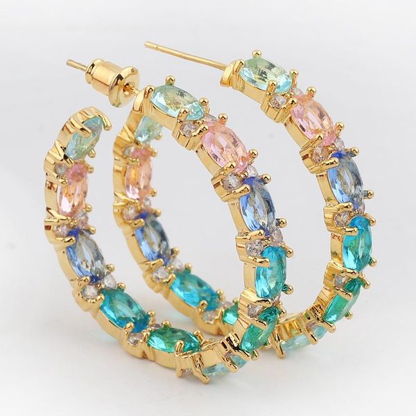 

hoop & huggie luxury female crystal zircon stone earrings fashion copper cz gold rainbow jewelry romantic boho for women girls, Golden;silver