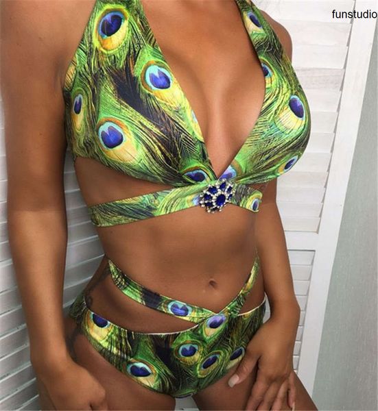 

2021 style swimsuit diamond gem banding bikini peacock feather print swimsuit 2pcs sets for women, White;black