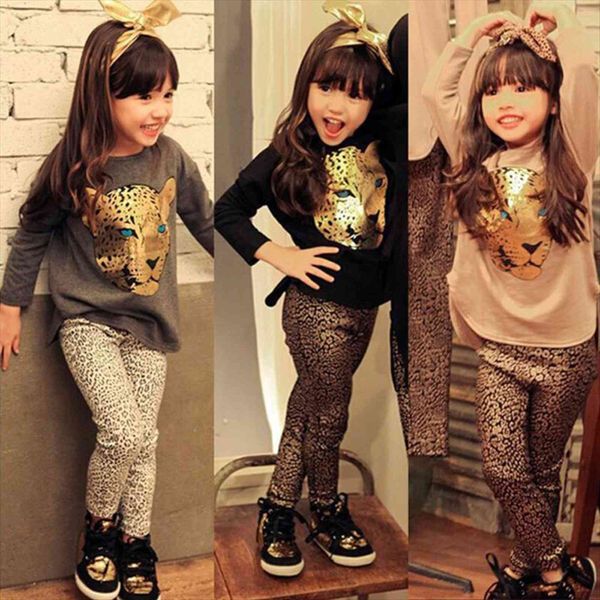 

girls clothes toddler clothing sets baby kids children full sleeve t shirt leopard legging vestidos, White