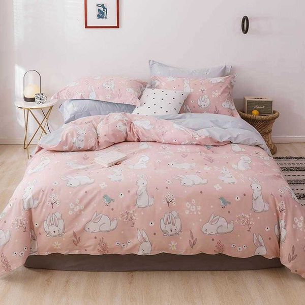 Weißes Häschen-Kaninchen-Rosa-Bettbezug-Set, Baumwollbettwäsche, Doppelbett, Queen-Size-Bett, Bettlaken, Spannbettlaken, Bettwäsche T2004142935