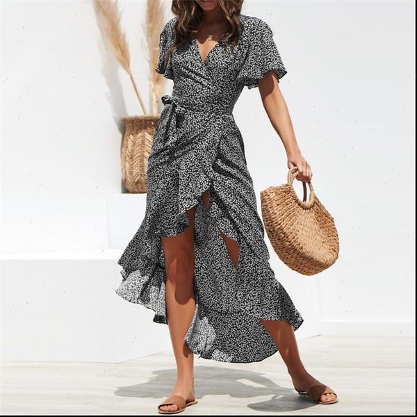 

womens dress boho beach summer women v neck flower sundress short sleeve polka dot ladies holiday ruffles elegant plus size, Black;gray