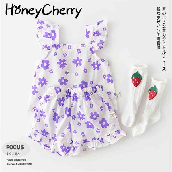 

summer print girl cool two-piece set baby clothes toddler 210702, White