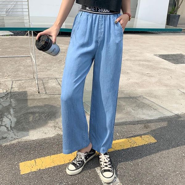 

women's jeans summer korea fashion women high waist tencel denim wide leg pants all-matched casual loose trousers plus size female s915, Blue