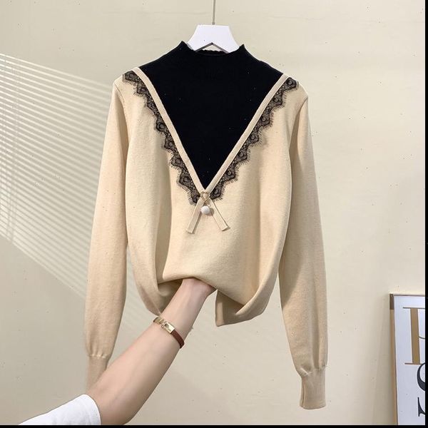 

women sweater sweaters patchwork lace autumn long sleeve pull femme pullover drop high quality, White;black
