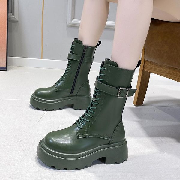 

boots casual mid calf women winter keep warm fashion round head lace-up side zipper thick bottom snow buckle shoes, Black