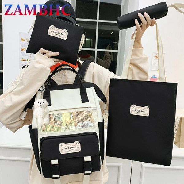 

school bags 4 pcs set candy colors women's backpack canvas wandering backpacks for teenagers girls fashion bag kawaii bookbag