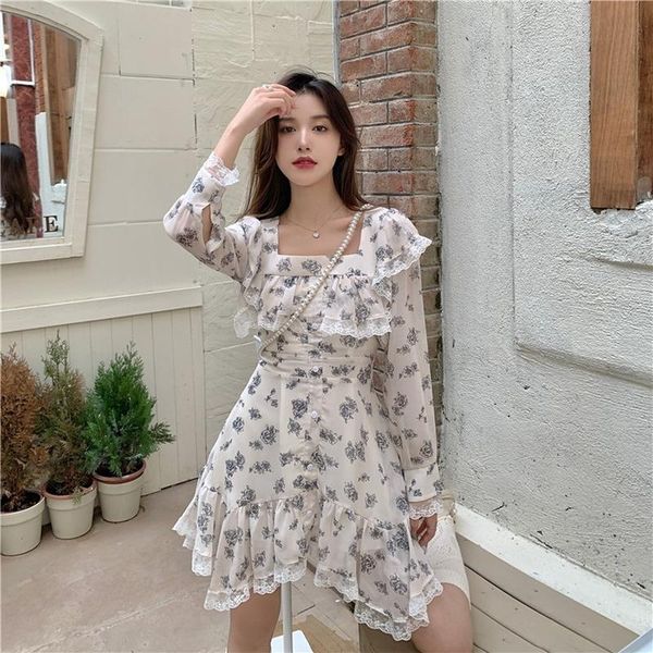 

casual dresses ruffles lace print woman dress square collar autumn chic sweet style asymmetric chiffon perspective female clothes, Black;gray