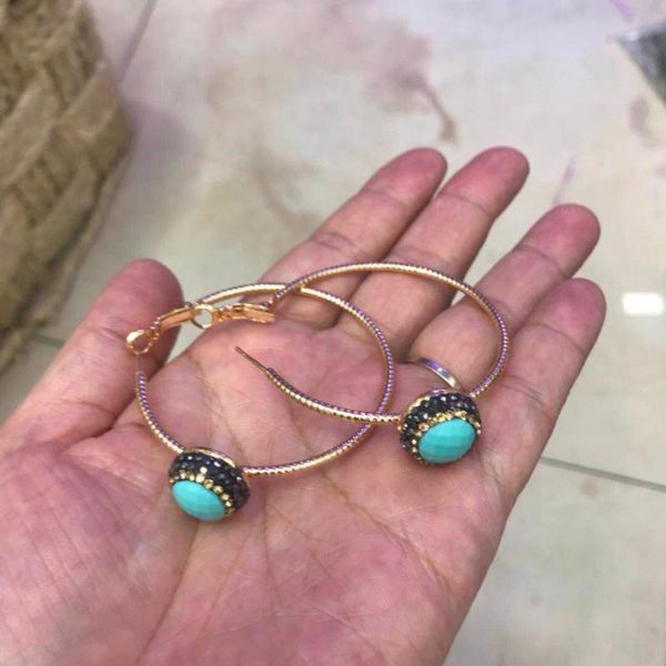 

faceted turquoises blue vintage green black crystal pave golden rhinestone beads charm big loop hoop earrings for women & huggie, Golden;silver