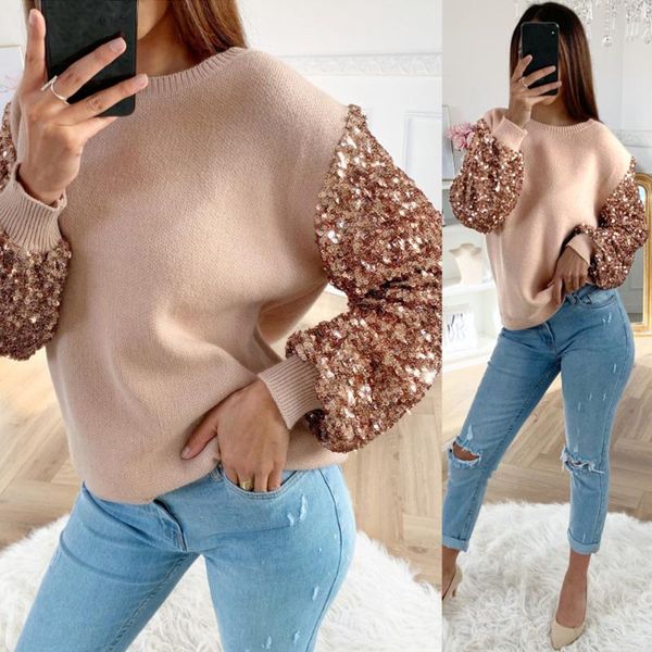 

women's sweaters 2021 autumn korean slim knit lantern long sleeve pullover sweater sequins bling women, White;black