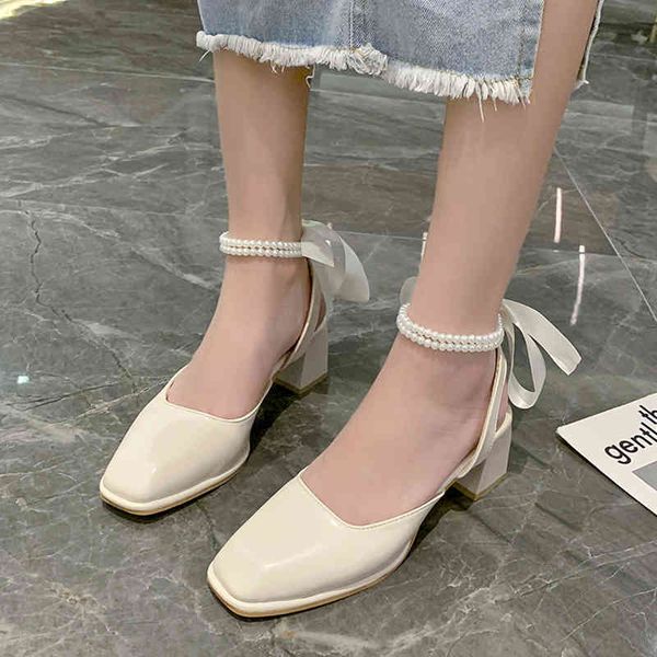 

dress shoes rimocy elegant pearl lace up heels for women 2021 summer square toe slingbacks woman shallow pu leather party pumps ss, Black