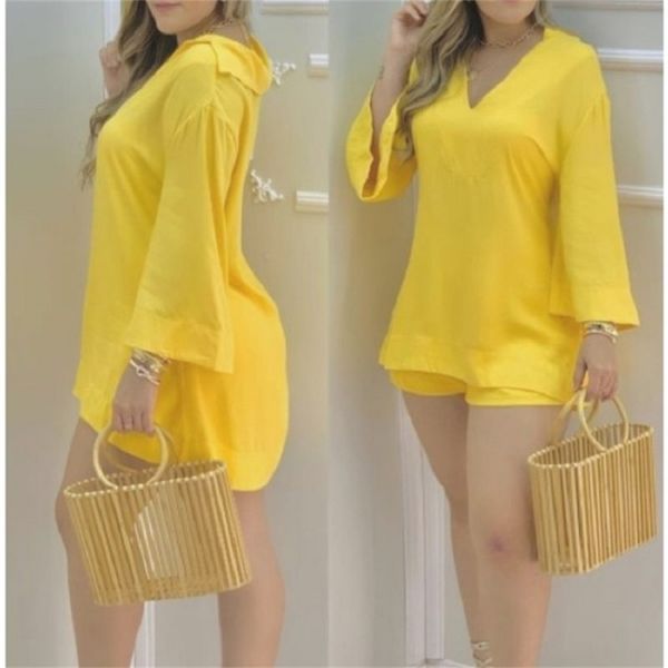 

women two piec suits solid plain bell sleeve casual set & shorts v-neck outfit summer suit home fashion s 210722, Black