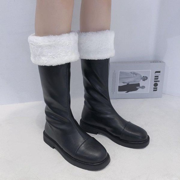 

boots winter short plush keep warm long fashion round toe square heel knight solid color women shoes zapatillas mujer 2021, Black