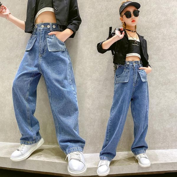

autumn girls denim pants kids casual loose jeans teen girl fashion button waist children's clothing spring trousers, Blue