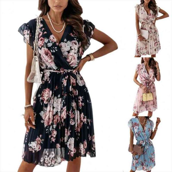 

summer dot print dress women casual butterfly sleeve ruffles medium long chiffon dress elegant a line party vestidos, Black;gray