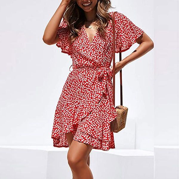 

casual dresses print bandage dress women's wrap v neck ruffle short sleeve mini with belt tropical robe femme #g2, Black;gray
