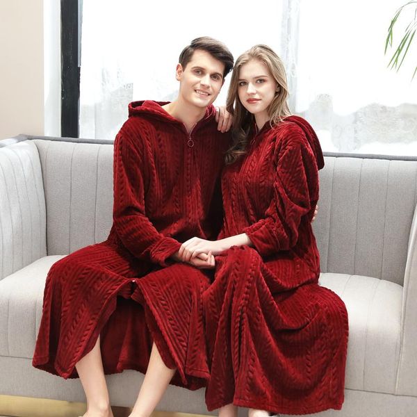 

women's sleepwear winter flannel hooded couple robes women and men plus size simple long-sleeve thicken keep warm lovers bathrobes kimo, Black;red