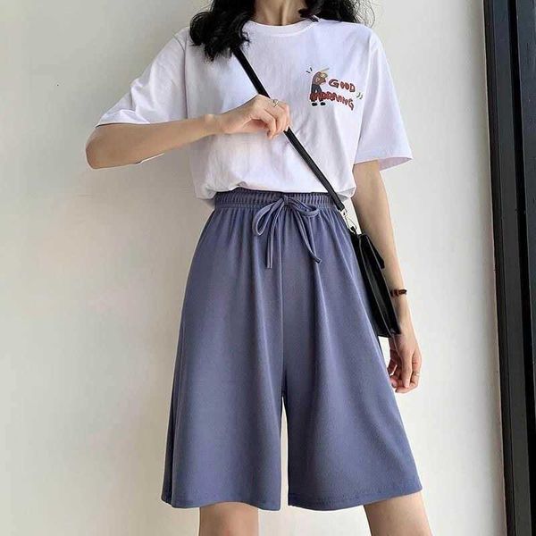 

women's pants & capris silk wide leg short woman summer fashion korean style loose ice shorts knee length high waisted spr9, Black;white