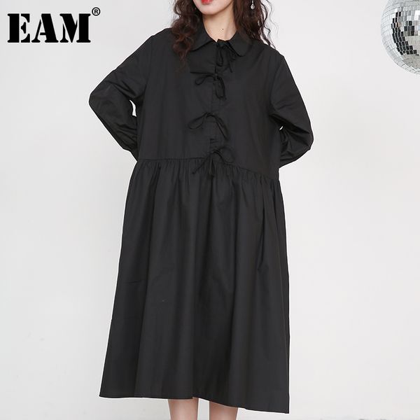 

[eam] women bandage bow split joint pleated big size dress lapel long sleeve loose fit fashion spring autumn 1d75201 21512, Black;gray