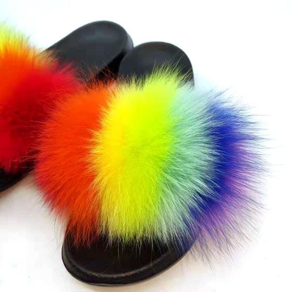 

slippers elegant fur female eva flat bottom home shoes bedroom floor mute sandals fluffy plush furry flip-flops, Black