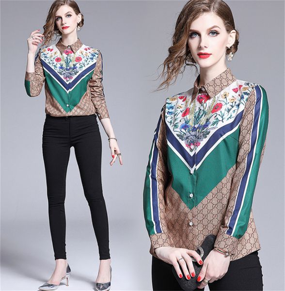 

designer women's blouse spring autumn silk print long sleeve shirt office lady luxury fashion lapel neck ol slim blouses shirts size, White