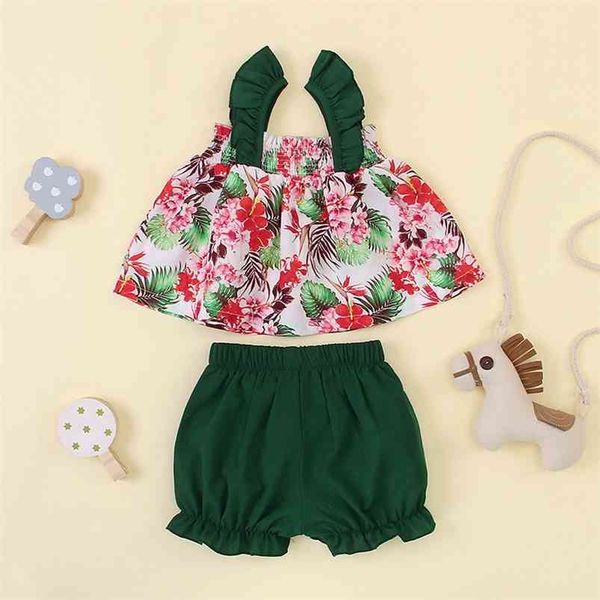 

summer children sets casual boys green strap print floral solid short pants cute girls clothes 1-5t 210629, White