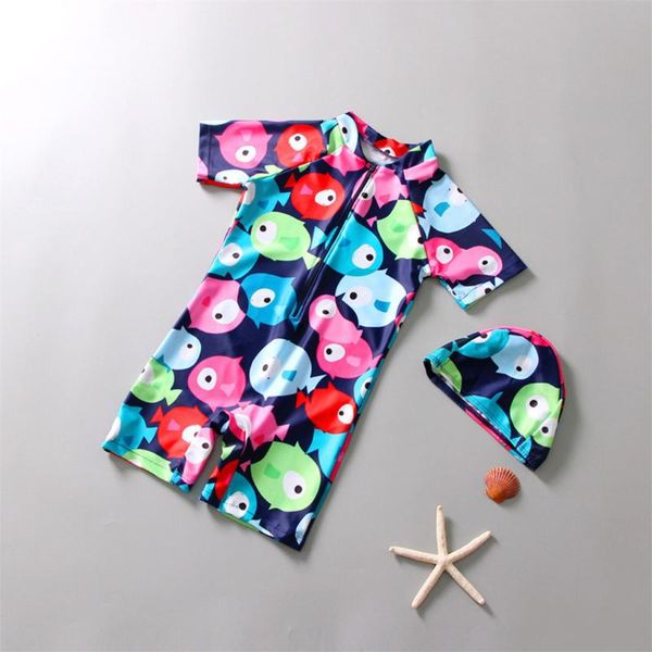 

baby swimwear boys girls short sleeve cartoon cute one-piece swimsuit with swimming cap girl clothes one-pieces, Black