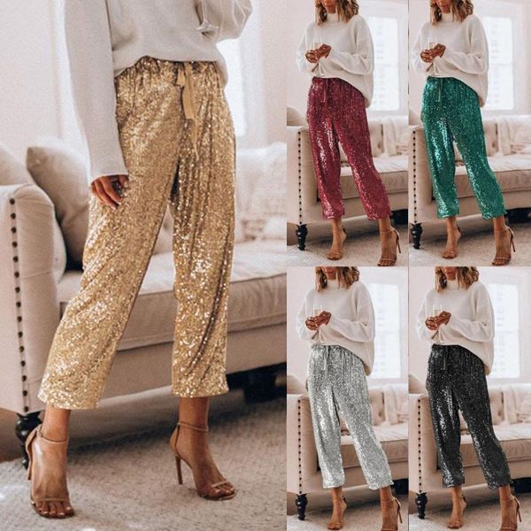 

women's pants & capris gold sequin shiny wide beam leg women casual christmas party harem high waist lace up trousers streetwear#j30, Black;white