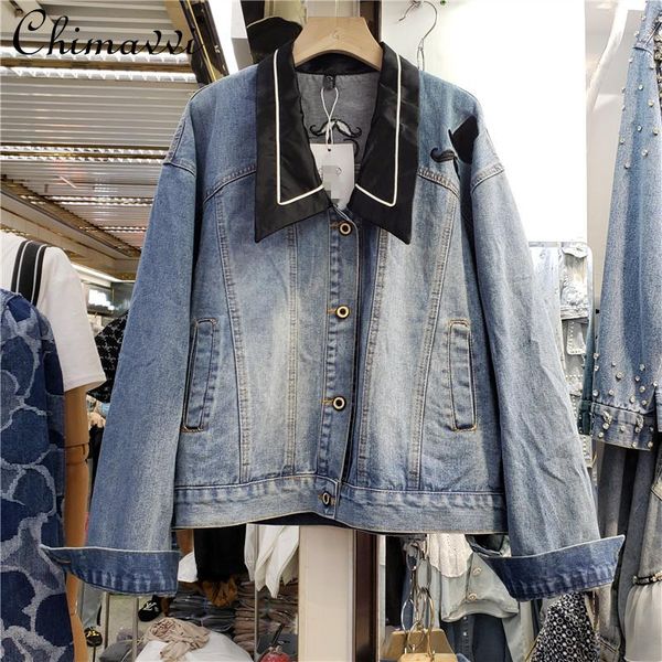 

women's jackets elegant fashion all-matching streetwear women's lapel single breasted spliced denim jacket slimming casual long sle, Black;brown