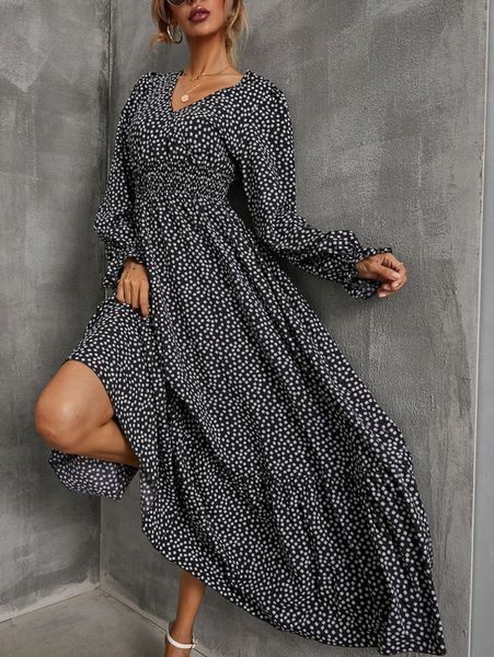 

ditsy floral print flounce sleeve shirred dress 59u5#, Black;gray