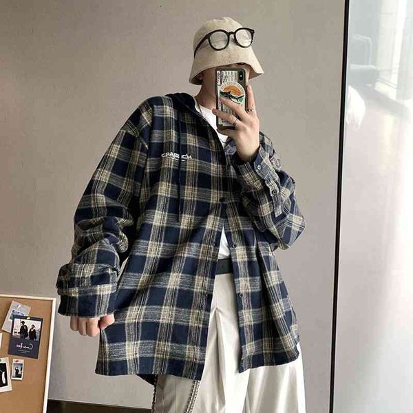 

men's casual shirts autumn hooded plaid fashion retro men streetwear wild loose korean long-sleeved jacket mens -5xl w4ku, White;black