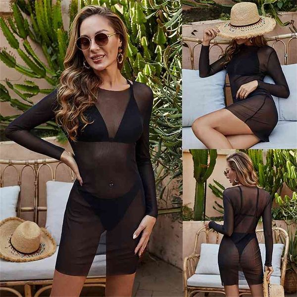 Verão Sólida Cor Longa Womens Sexy Hollow out redondo Pescoço de mangas compridas vestido de praia Preto Bikini Swimsuit 210517