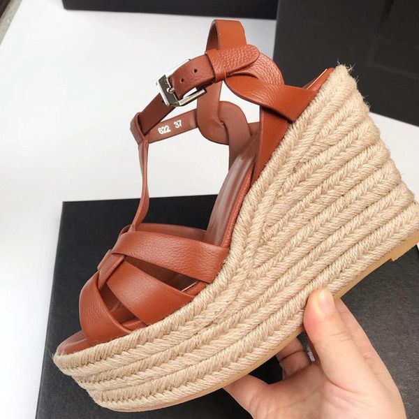 

dress shoes high quanlity 11cm heel for women fashion retro platform wedges ladies summer genuine leather sandals 13 color y09, Black