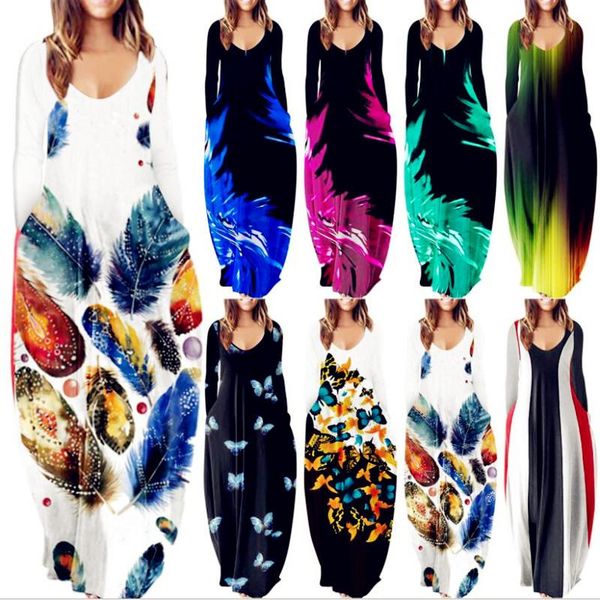 

casual dresses women 2021 loose pocket boho vintage beprinted dress full long sleeve spring party beach maxi big large plus sizes, Black;gray