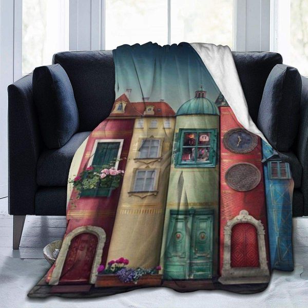 

throw blanket for kids teens adults cartoon building book house iconic building decoration blue sky bird retro brick floor all