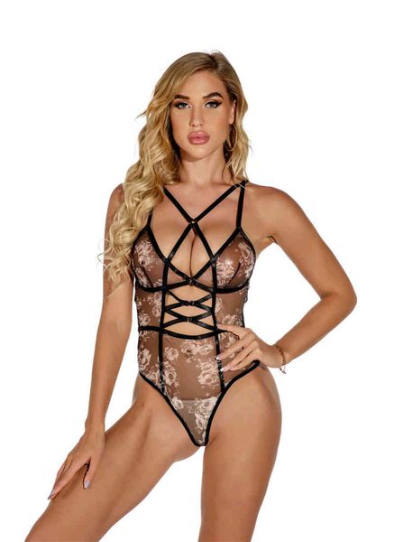 See Through Rose Stampato Donna erotica Biancheria intima sexy Lingerie Sexy Vita alta Vedere attraverso Biancheria intima di pizzo Lingerie Tuta corta 211208