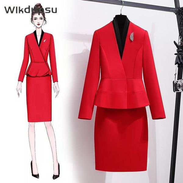 

two piece dress womens blazer skirt suits long sleeve jacket 2021 spring fall office lady formal suit set business work wear clothing, White