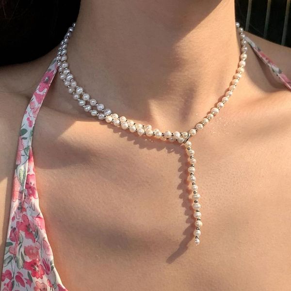 

chokers french retro freshwater pearl interval gold bead irregular simple high sense clavicle chain necklace female, Golden;silver