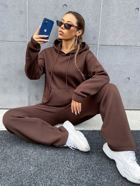 

kangaroo pocket sweatshirt & sweatpants set 23ej#, White