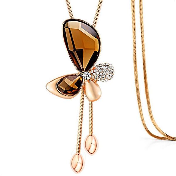 

pendant necklaces fashion butterfly blue champagne grey crystal sweater chain necklace long tassel adjustable, Silver