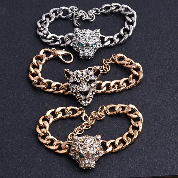 

leopard hip hop cuff gold bracelet tiger head animal rhinestone thick chain punk men's and women's jewelry bangle, Black