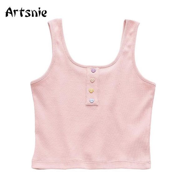 

women's tanks & camis artsnie pink casual button tank women summer square collar sleeveless cotton mujer streetwear gray cropped femme, White