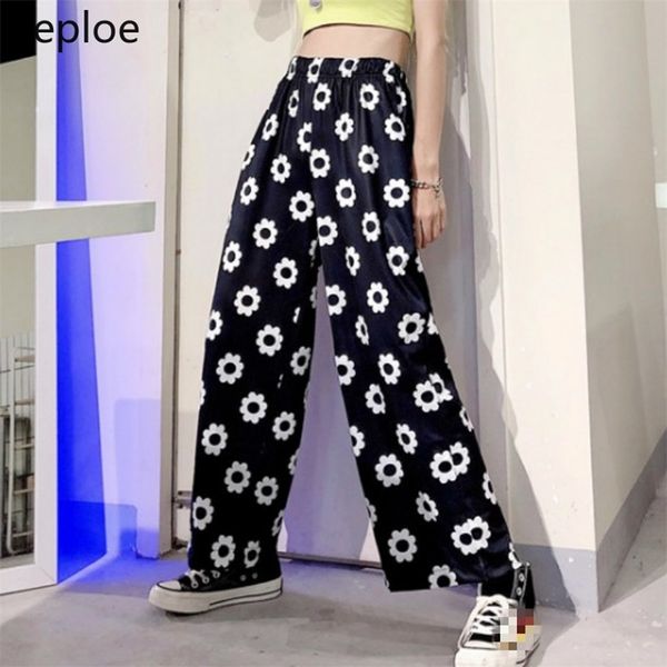 Hohe Taille Hüfte Blume Breite Bein Hosen Ins Harajuku Stil Koreanische Lose Kausal Pantalones Frühling Sommer Hosen 49060 210422