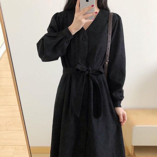 

casual dresses french hepburn style black dress autumn and winter women's long-sleeved retro woman, Black;gray