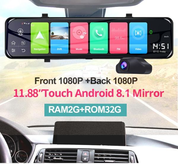 

car rear view cameras& parking sensors 12 inch mirror android 8.1 dvr dash camera 1080p dual wifi gps navigation adas remote video