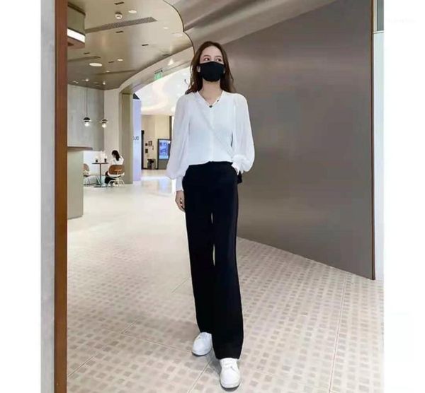 

women's pants & capris puff sleeve sweater + wide leg suit, Black;white