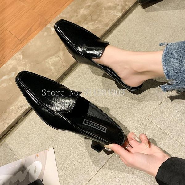 

summer solid black mules slippers women shoes fashion ladies high heels female pointed toe slides