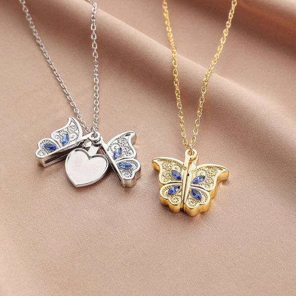 

pendant necklaces fashion jewelry blue crystal butterfly openable po box simple clavicle chain birthday charm female, Silver