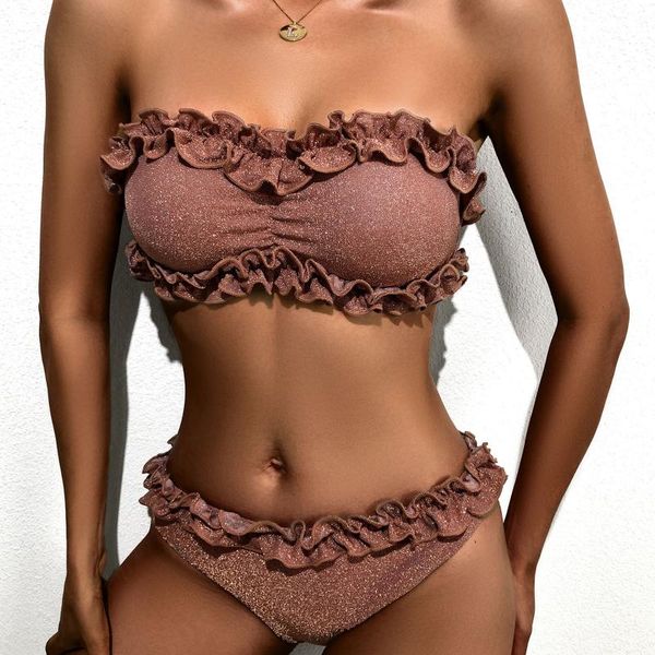 

women's swimwear 2021 women summer bikini set bandeau ruffled solid color knit high waist push-up padded bra swimsuit bathing, White;black