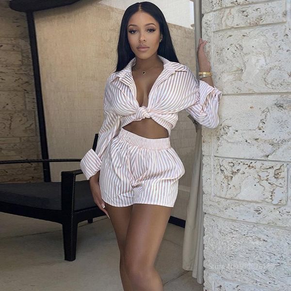 

women's tracksuits short set early autumn striped print long sleeve turn down collar crop shirt and elastic waist biker simplicity, Gray